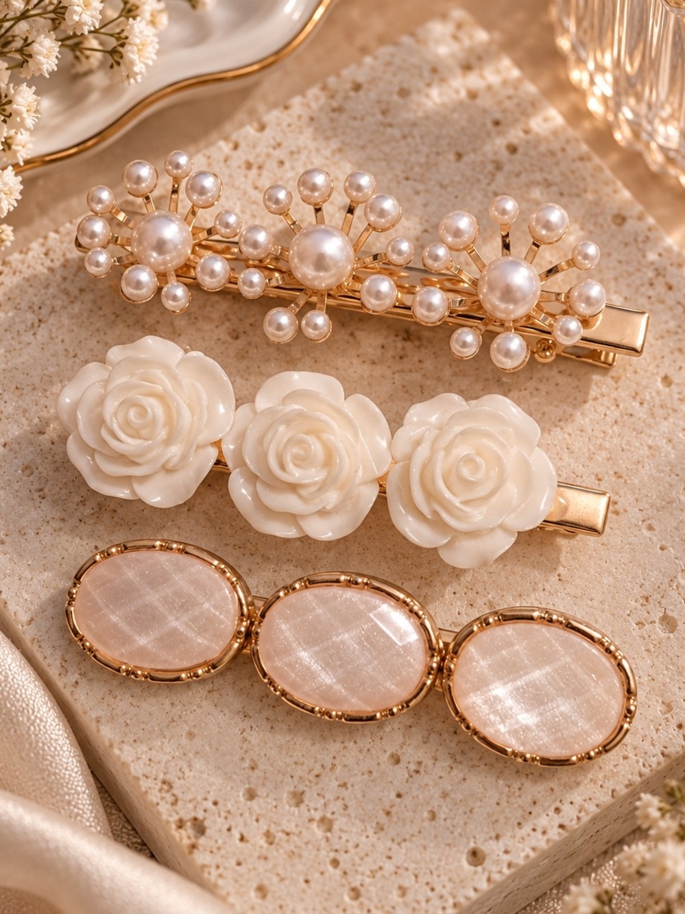 Elegant Pearl & Gold Tone Metal Floral Hair Clip Set - White/Pearl New